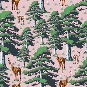 Majestic Woodland Animals, Pine Forest Setting, Wild Deer Stag Doe Baby Fawn, Tall Green Trees on Pink