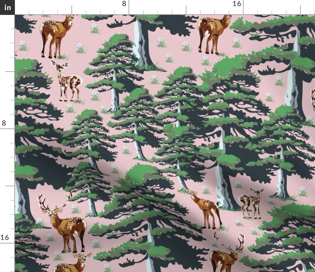 Majestic Woodland Animals, Pine Forest Setting, Wild Deer Stag Doe Baby Fawn, Tall Green Trees on Pink