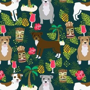 Pitbull tiki fabric - dogs tiki fabric, summer tropical fabric, dogs, dog breeds, dog breed, pitbulls, dog fabric - dark green