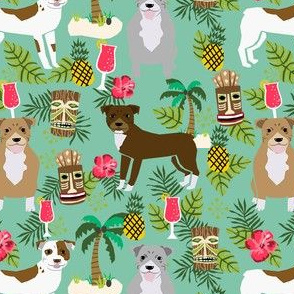 Pitbull tiki fabric - dogs tiki fabric, summer tropical fabric, dogs, dog breeds, dog breed, pitbulls, dog fabric -  green