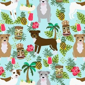 Pitbull tiki fabric - dogs tiki fabric, summer tropical fabric, dogs, dog breeds, dog breed, pitbulls, dog fabric -  light blue