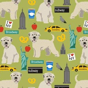 wheaten terrier new york print fabric - wheaten terrier fabric, new york fabric, dog fabric, cute dogs fabric, dogs, dog - green