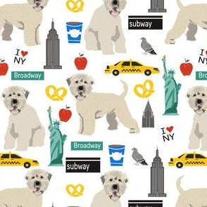 wheaten terrier new york print fabric - wheaten terrier fabric, new york fabric, dog fabric, cute dogs fabric, dogs, dog -  white