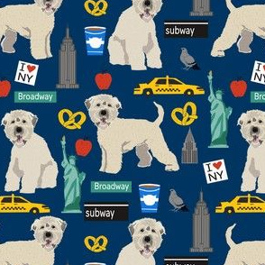 wheaten terrier new york print fabric - wheaten terrier fabric, new york fabric, dog fabric, cute dogs fabric, dogs, dog -  navy