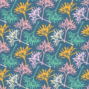 Tropical Tossed Ti Plants in Yellow Pink Green Cream on Blue - SMALL Scale  - UnBlink Studio by Jackie Tahara
