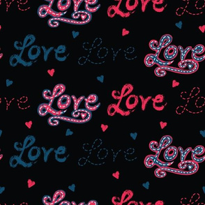  Red stitched love letters with denim blue hearts text.