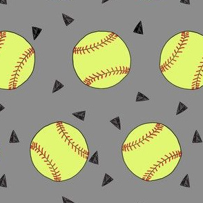 softball fabric - yellow softball fabric, softballs fabric, girls fabric, sports fabric, sports ball, sports -  grey
