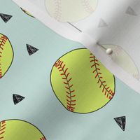softball fabric - yellow softball fabric, softballs fabric, girls fabric, sports fabric, sports ball, sports -  light mint