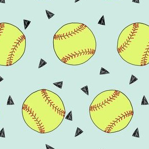 softball fabric - yellow softball fabric, softballs fabric, girls fabric, sports fabric, sports ball, sports -  light mint