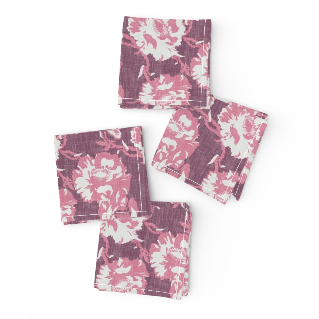 big floral in linen on deep burgundy 