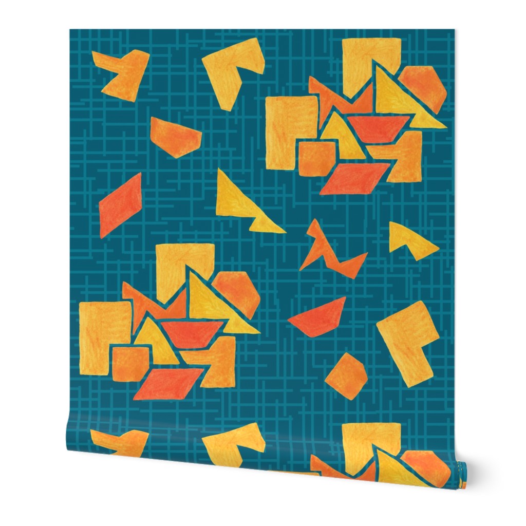 Painted geo cutouts teal orange Wallpaper