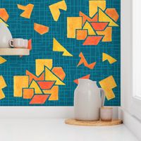 Painted geo cutouts teal orange Wallpaper