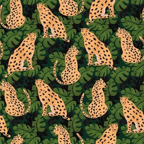 Cheetah on black and green palm leaves