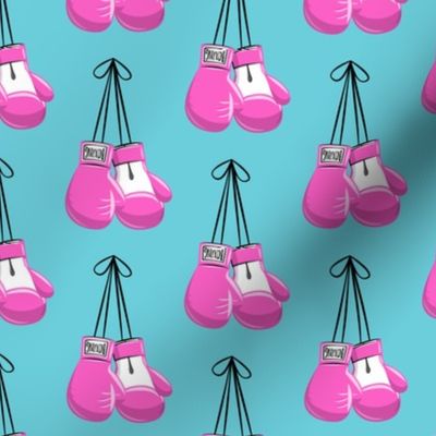 boxing gloves on string - pink on blue - LAD19