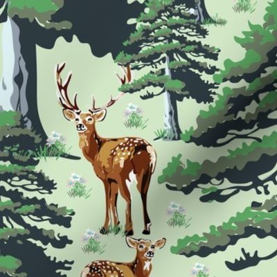 Tranquil Woodland Deer Forest Setting, Wild Stag Doe Baby Fawn, Green Pine Trees on Green