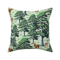 Tranquil Woodland Deer Forest Setting, Wild Stag Doe Baby Fawn, Green Pine Trees on Green