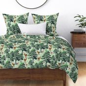 Tranquil Woodland Deer Forest Setting, Wild Stag Doe Baby Fawn, Green Pine Trees on Green