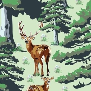 Tranquil Woodland Deer Forest Setting, Wild Stag Doe Baby Fawn, Green Pine Trees on Green