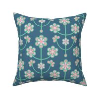 DAISY CHAIN Folk Art Mid-Century Modern Scandi Floral With Flower Blossoms in Pink Green Dark Blue - UnBlink Studio by Jackie Tahara