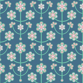 DAISY CHAIN Folk Art Mid-Century Modern Scandi Floral With Flower Blossoms in Pink Green Dark Blue - UnBlink Studio by Jackie Tahara