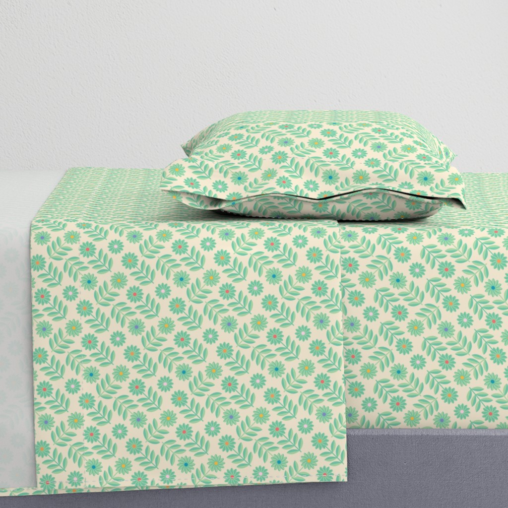 LOVE ME LOVE ME NOT Folk Art Mid-Century Modern Scandi Floral in Mint Green Chartreuse Bright Dots Cream - UnBlink Studio by Jackie Tahara