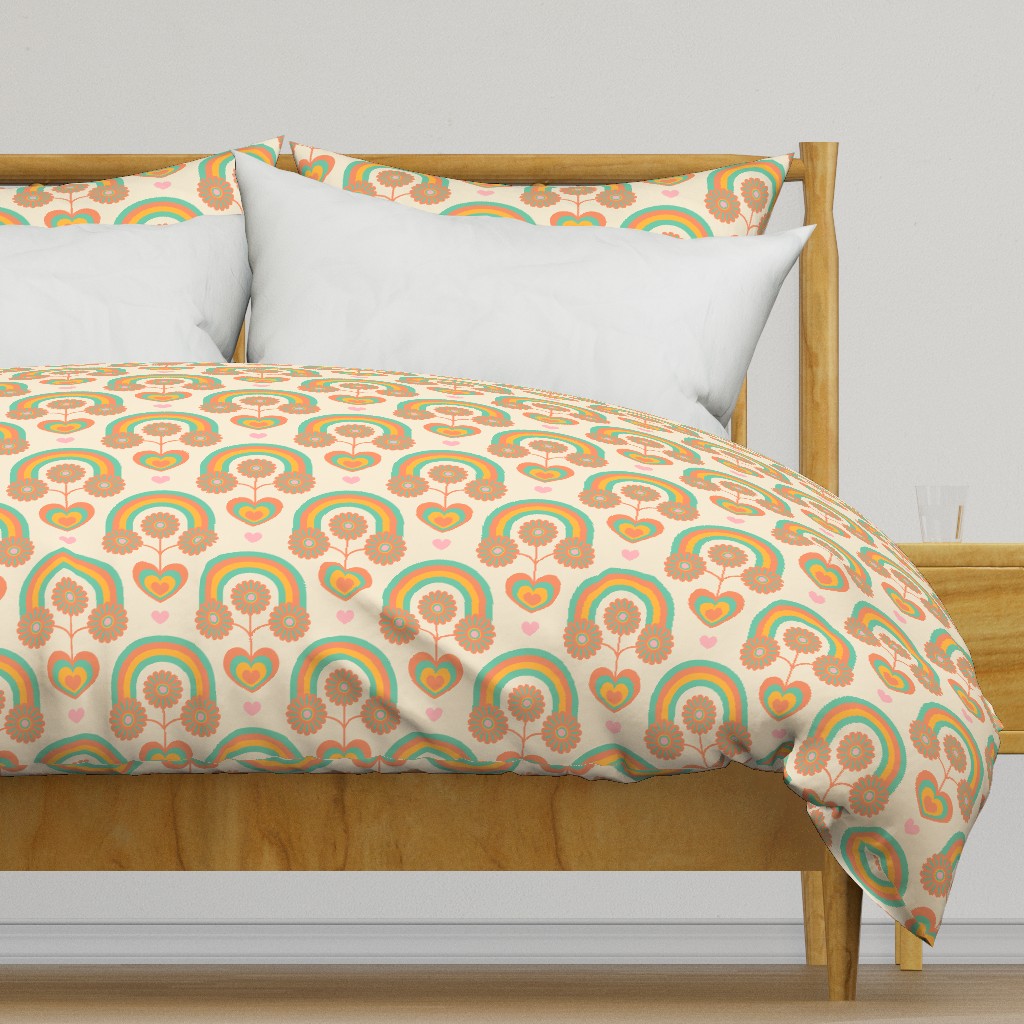 UNDER THE RAINBOW Folk Art Mid-Century Modern Scandi Floral With Rainbow and Hearts in Mint Green Orange Yellow Pink Cream - UnBlink Studio by Jackie Tahara