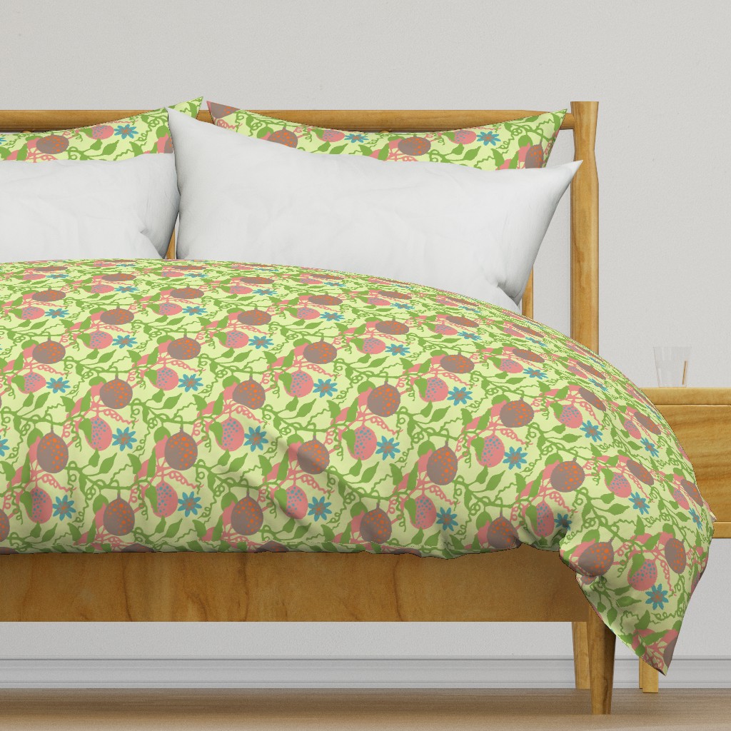 Lilikoi Hawaiian Tropical Passion Fruit Floral Botanical in Pink Green Gray Blue on Light Green - UnBlink Studio by Jackie Tahara