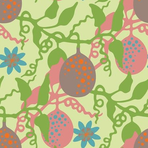 Lilikoi Hawaiian Tropical Passion Fruit Floral Botanical in Pink Green Gray Blue on Light Green - UnBlink Studio by Jackie Tahara