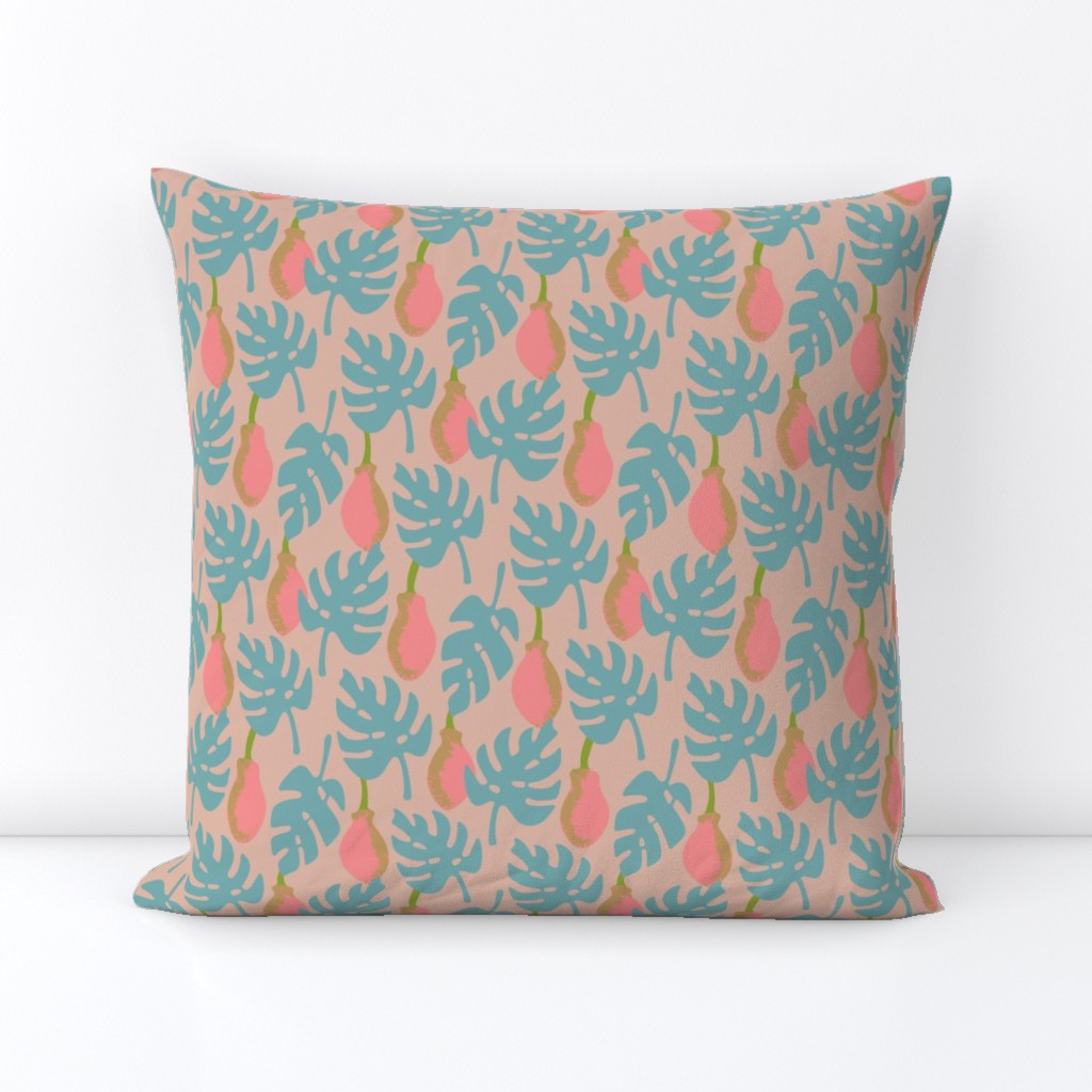 Pink PawPaw Hawaiian Tropical Botanical Papaya Fruit with Blue Monstera Leaves on Cream - UnBlink Studio by Jackie Tahara