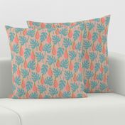 Pink PawPaw Hawaiian Tropical Botanical Papaya Fruit with Blue Monstera Leaves on Cream - UnBlink Studio by Jackie Tahara