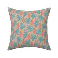 Pink PawPaw Hawaiian Tropical Botanical Papaya Fruit with Blue Monstera Leaves on Cream - UnBlink Studio by Jackie Tahara