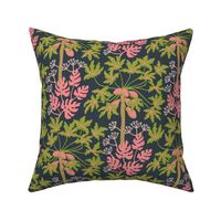 Under the PawPaw Tree Hawaiian Tropical Papaya Fruit Palm Trees Monstera Leaves Floral Botanical in Green and Pink on Dark Teal - UnBlink Studio by Jackie Tahara