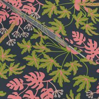 Under the PawPaw Tree Hawaiian Tropical Papaya Fruit Palm Trees Monstera Leaves Floral Botanical in Green and Pink on Dark Teal - UnBlink Studio by Jackie Tahara