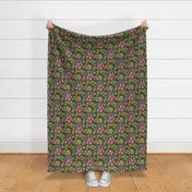 Under the PawPaw Tree Hawaiian Tropical Papaya Fruit Palm Trees Monstera Leaves Floral Botanical in Green and Pink on Dark Teal - UnBlink Studio by Jackie Tahara