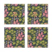 Under the PawPaw Tree Hawaiian Tropical Papaya Fruit Palm Trees Monstera Leaves Floral Botanical in Green and Pink on Dark Teal - UnBlink Studio by Jackie Tahara