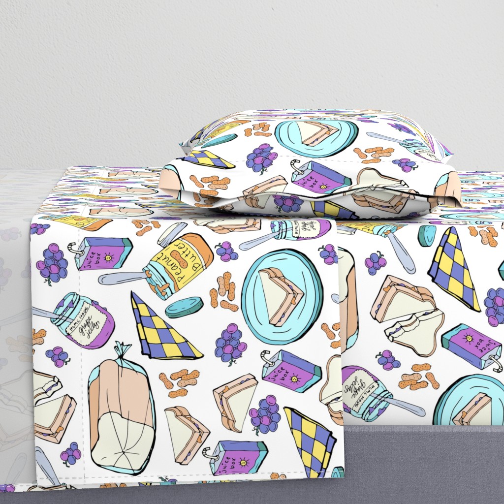 Peanut Butter and Jelly Sandwich Grape Jelly on White,  Large Scale  Novelty Fabric - Colorful Illustrated Design"