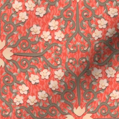 Coral and Gray Buttercup Flower Damask