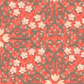 Coral and Gray Buttercup Flower Damask