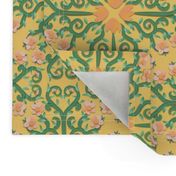 Peach and Green Buttercup Flower Damask