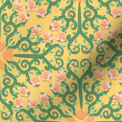 Peach and Green Buttercup Flower Damask