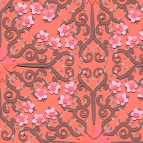 Coral Buttercup Flower Damask