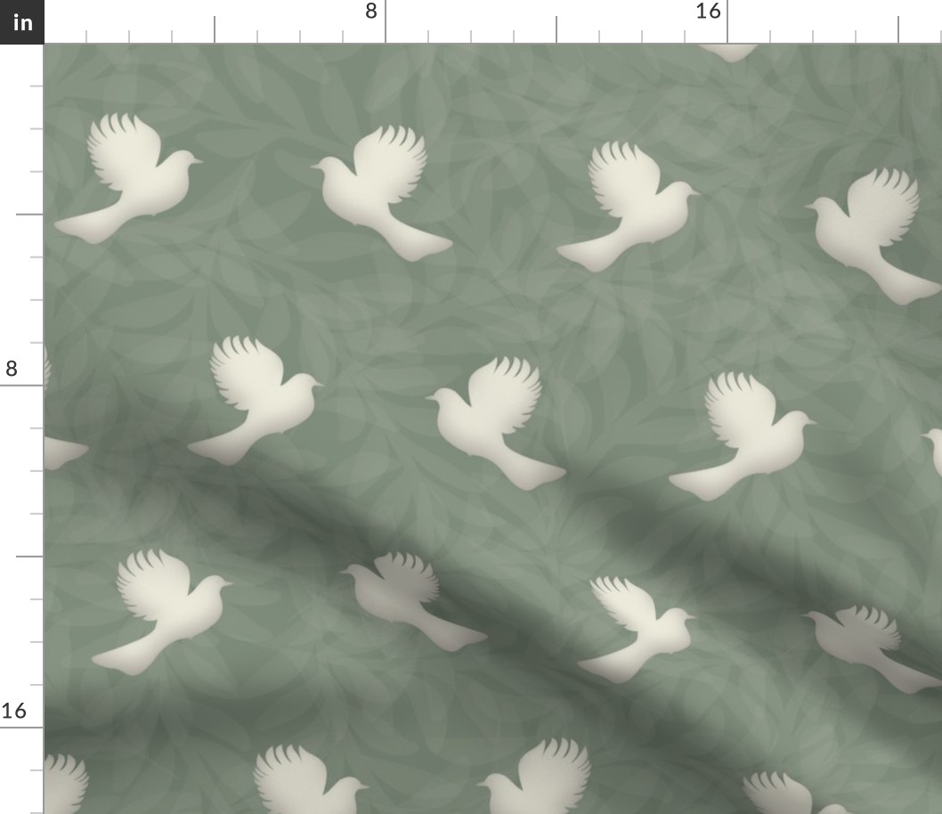 Flying White Doves, Leafy Green Bird Print, Romantic Shirt Pattern, Valentines Tablecloth, Anniversary Party Wedding Decor 