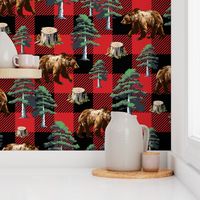 Buffalo Bear Plaid, Cozy Lumberjack Red Gingham Check, Pine Tree Forest, Brown Bear, Wild Brown Bears Animal Pattern, Red Black Buffalo Plaid, red Plaid, Brown Bear Animal Pattern, Forest Bears and Pine Trees In the Wild Woodland, Woodland Brown Grizzly B