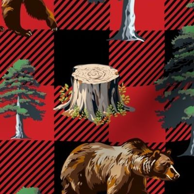 Buffalo Bear Plaid, Cozy Lumberjack Red Gingham Check, Pine Tree Forest, Brown Bear (Large Scale)