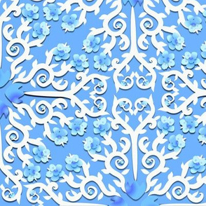 Blue and White Buttercup Flower Damask