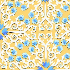 Blue and White Buttercup Flower Damask on Yellow