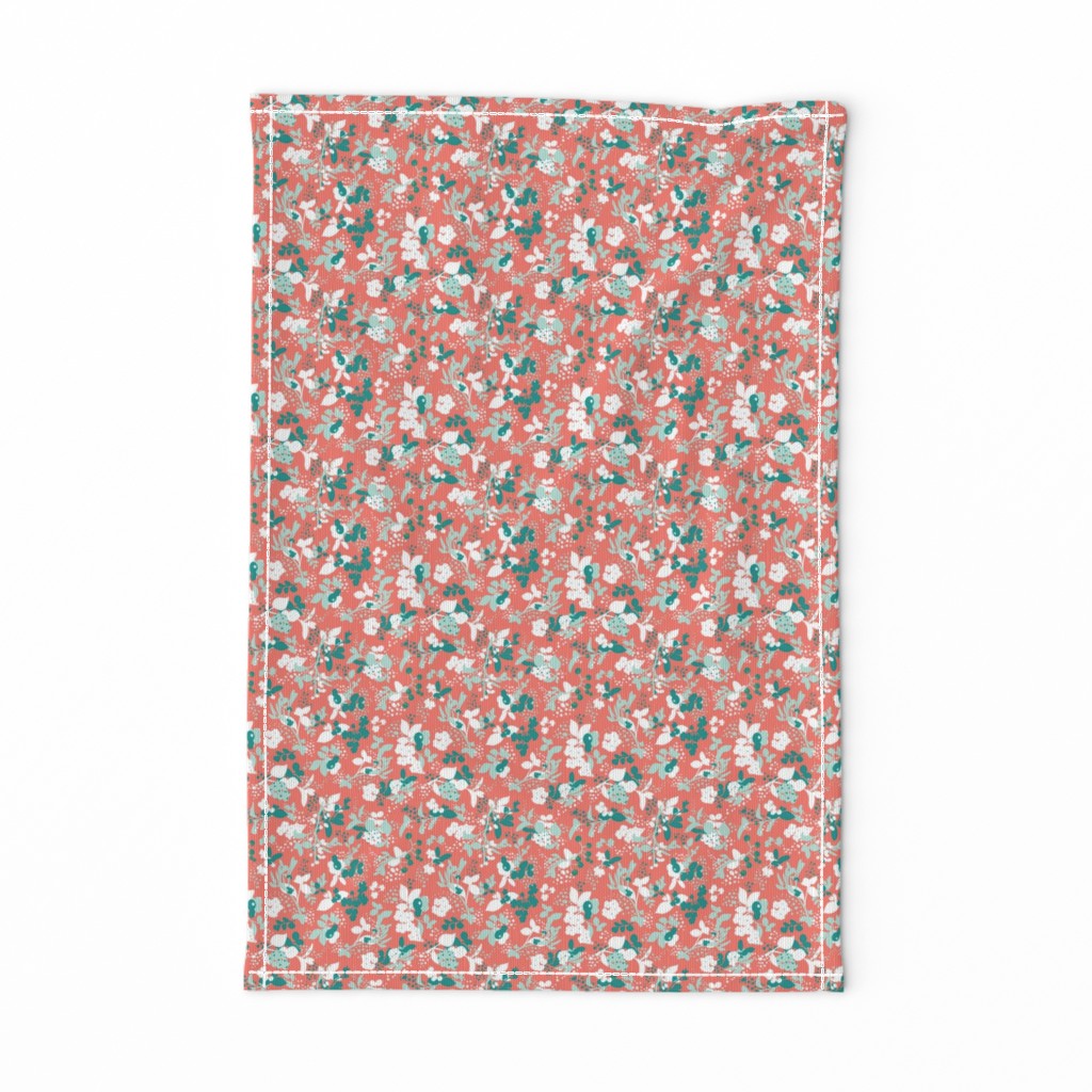 Floral - Coral with Teal, Mint, and White