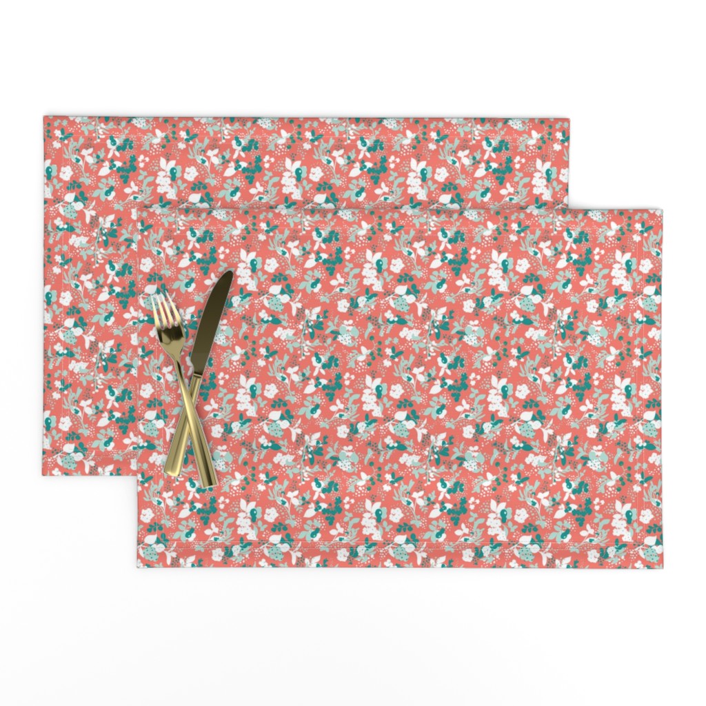 Floral - Coral with Teal, Mint, and White