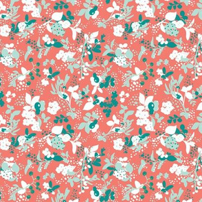 Floral - Coral with Teal, Mint, and White
