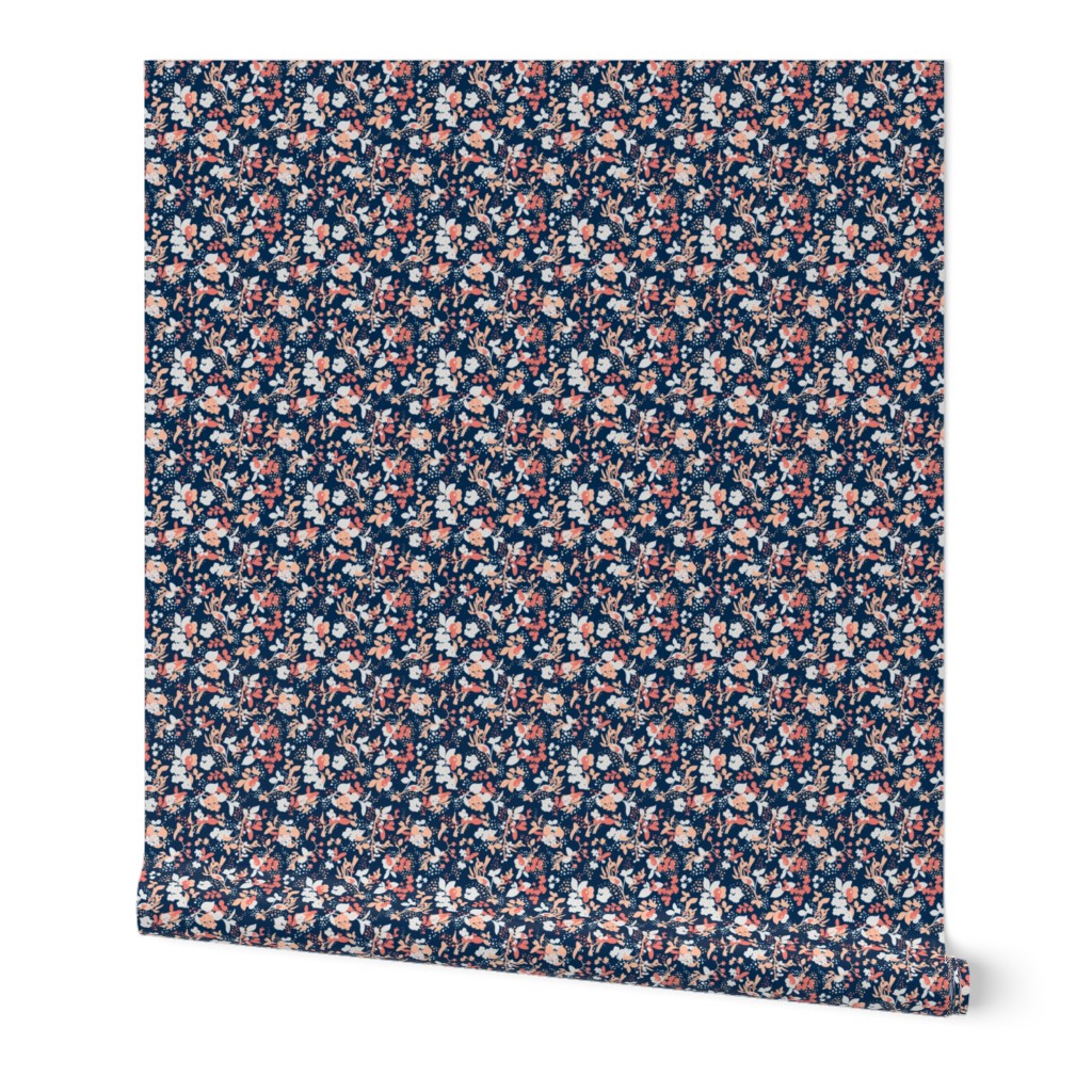 Floral - Navy with Coral, Blush, and White